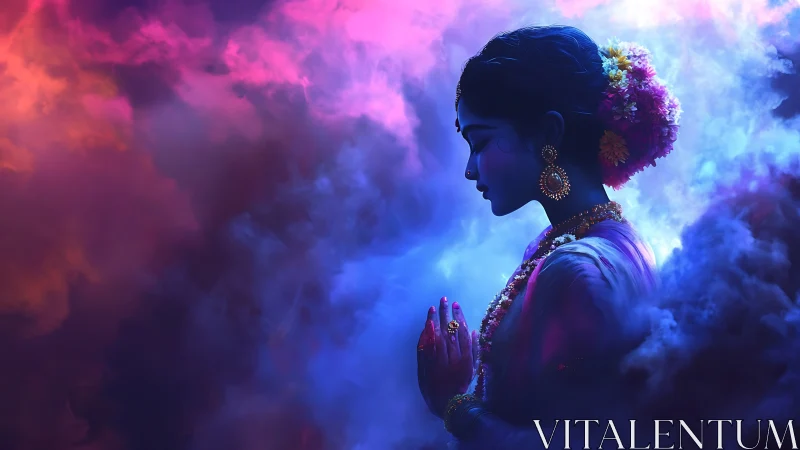 Chromatic devotional silhouette in volumetric nebular haze.