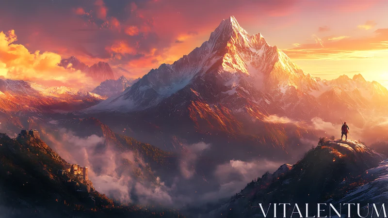 Sunlit wanderer salutes a blazing, snow crowned peak at dusk