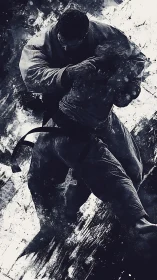 Martial artists grapple amid dynamic monochrome splashes.