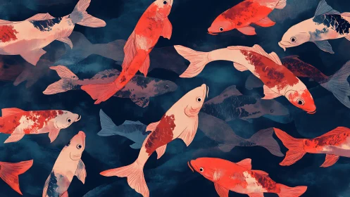 Pattern of red and white koi fish on deep blue water.