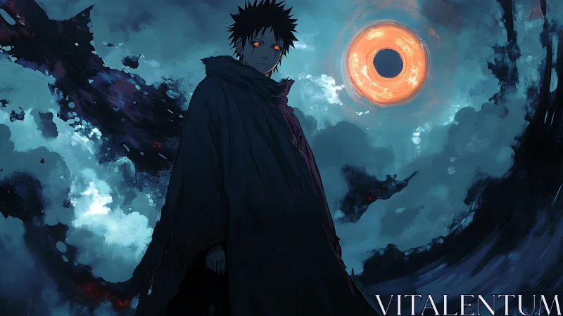 Dark cloaked figure under glowing orange ringed sky.