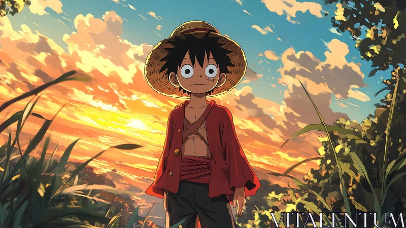 Straw hat boy standing in field at vivid sunset sky.