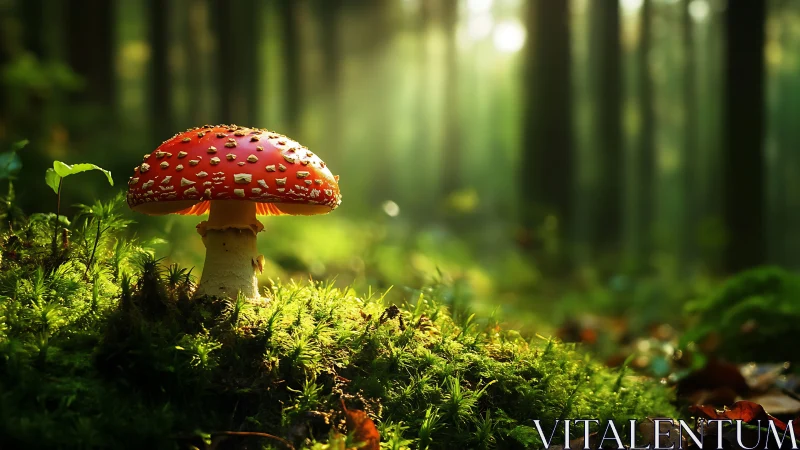 Red fly agaric glows over mossy forest floor at sunrise