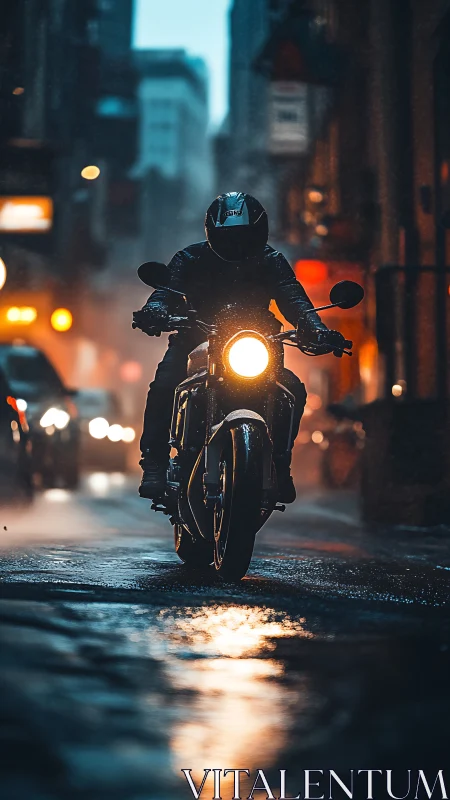 Midnight rider carves neon streaks through a rainy city