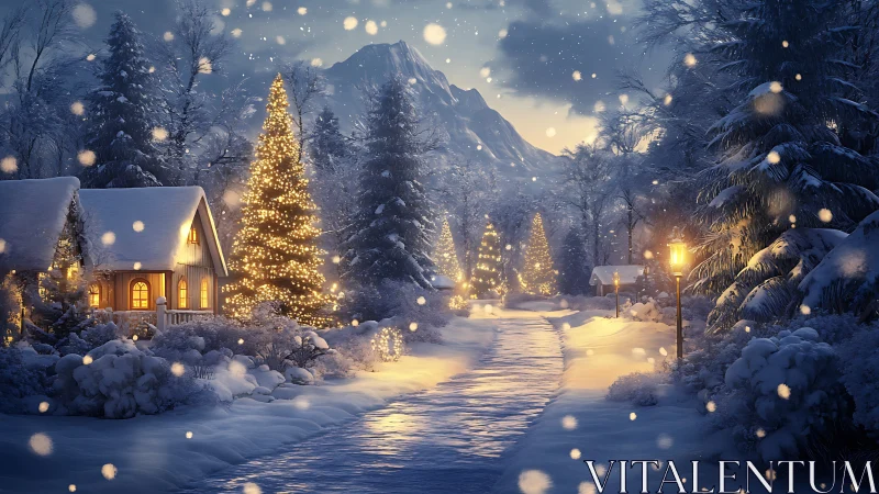 Digital painting winter lane with illuminated chalet and firs.