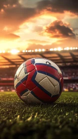 Sunlit soccer ball on stadium turf at golden hour.