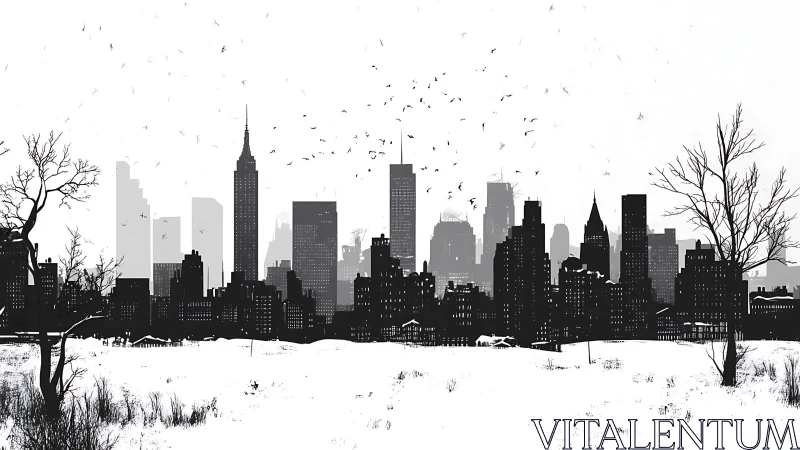 Monochrome winter city skyline contrasts stark urban geometry
