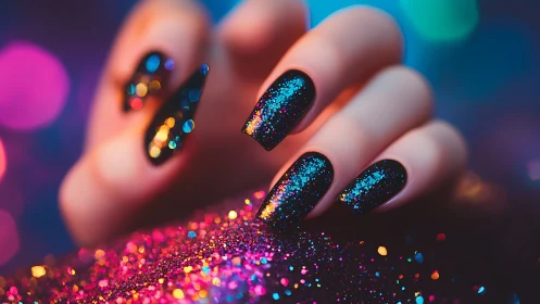 Neon glitter manicure showcases deep black cosmic sparkle