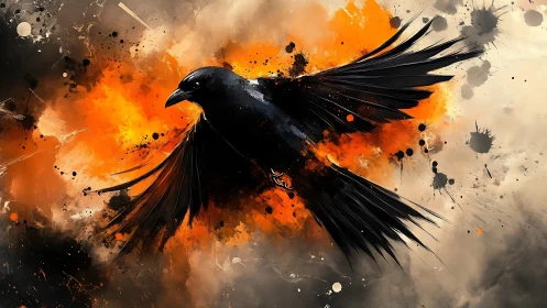 Ink-feathered raven erupts through wildfire splashes of light