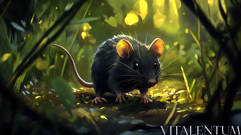 Small black forest mouse stands in dappled luminous foliage