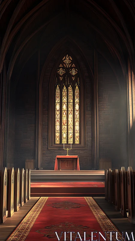 Gothic nave interior with stained glass altar illumination.