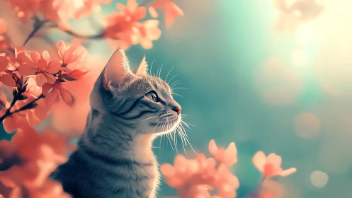 Tabby Cat Portrait Among Coral Flowers Against Turquoise Sky.