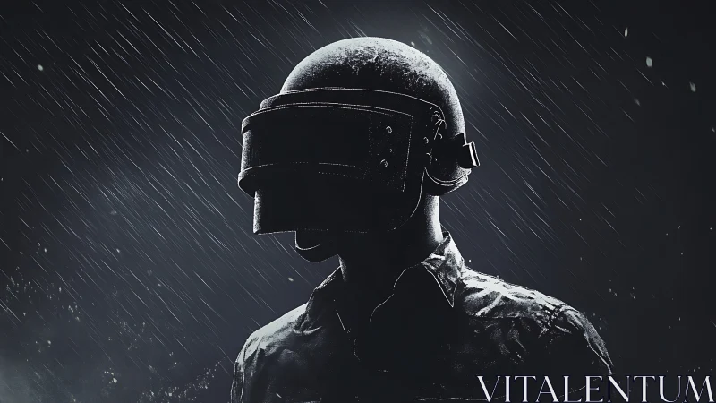 Armored soldier silhouette stands under hard driving rain