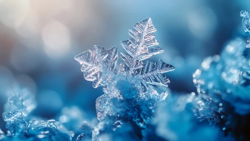 Macro view of single snowflake on blue ice crystals.
