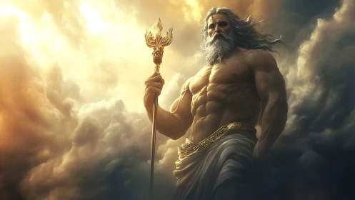 Storm god stands above clouds holding ornate golden staff.