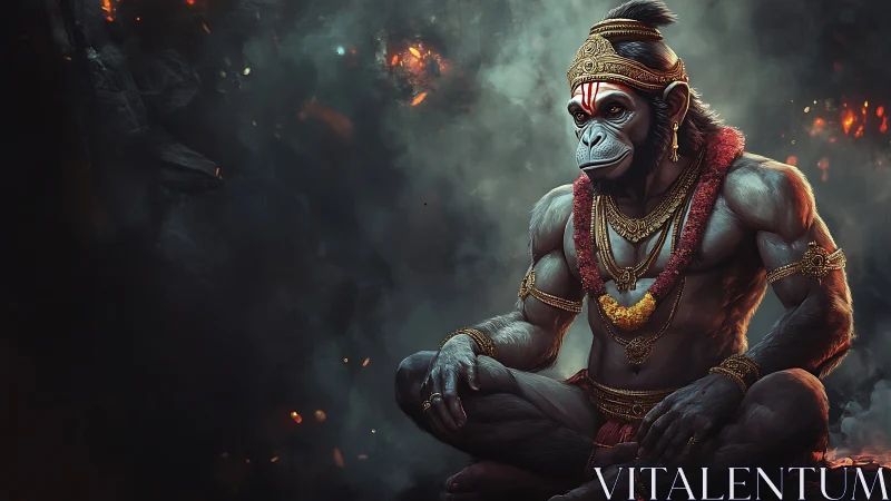 Digital painting of divine simian warrior in meditative pose.