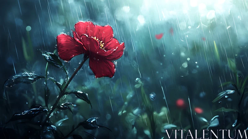 Scarlet rainflower bending bravely beneath stormlight.