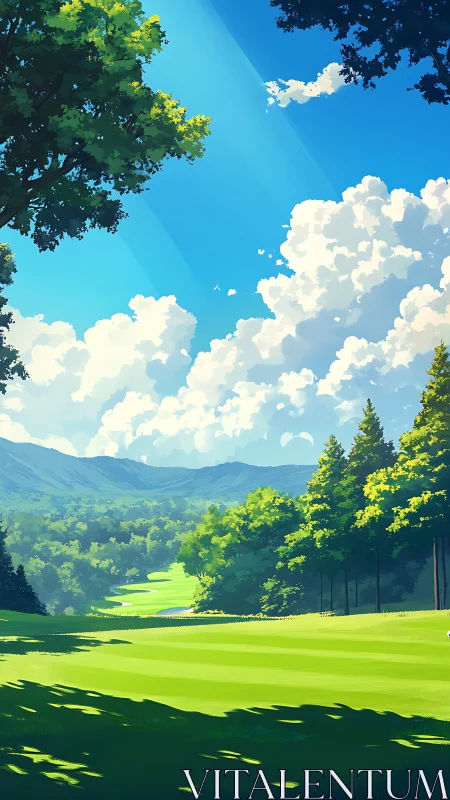 Sunlit mountain valley golf course under towering clouds.