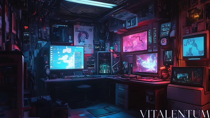 Cozy neon hacker&rsquo;s den glowing with futuristic computer screens.