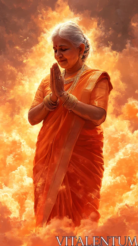 Elderly sage in saffron quietly blossoms from living fire