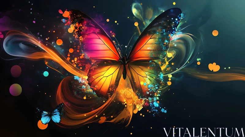 Vivid abstract butterfly amid swirling neon color trails.