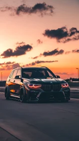 Lowered BMW SUV at sunset rendered in glossy photoreal detail