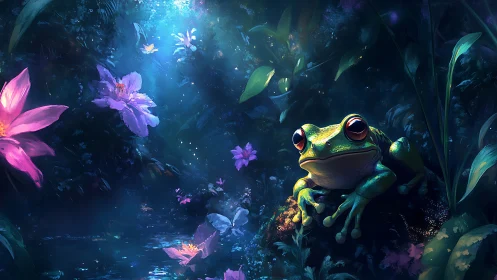 Frog in glowing blue forest pool with vivid neon flowers.