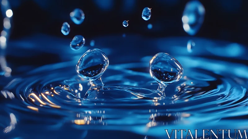 Glittering water droplets suspended above rippling surface.