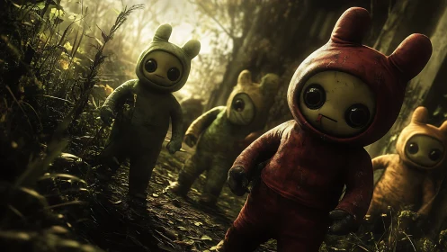 Four toy-like figures in animal suits in misty forest scene.