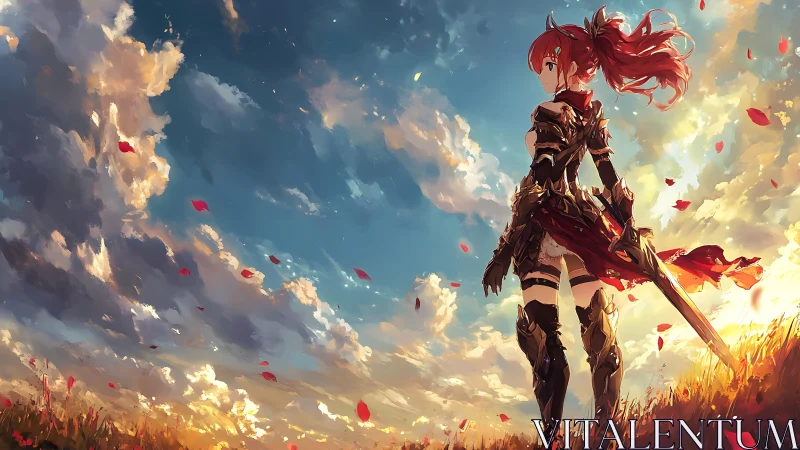 Sunset guardian with crimson blade in a storm of petals.