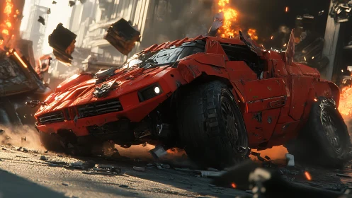 Rogue crimson warcar skids through a storm of burning steel.