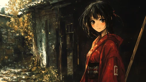 Girl in red kimono stands near weathered wooden structure