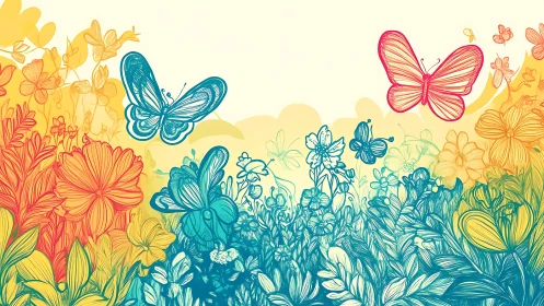 Digital painting of gradient garden with line-art butterflies.