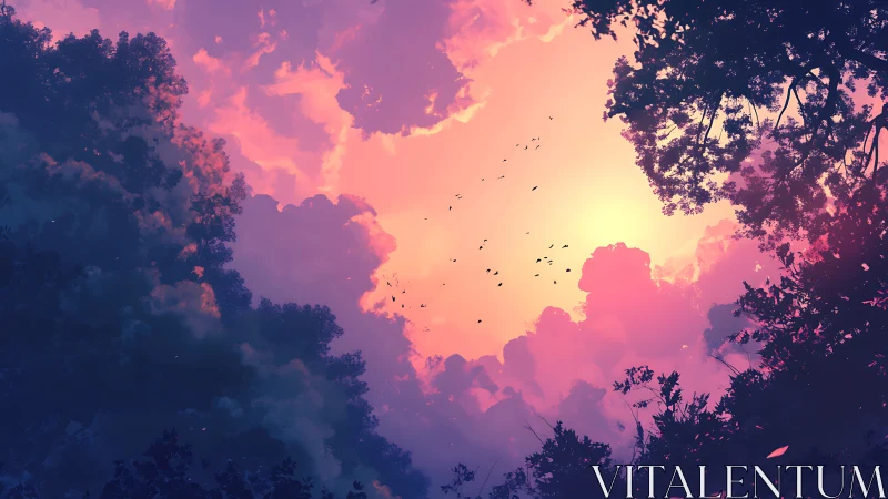 Backlit forest canopy silhouettes against volumetric sunset clouds