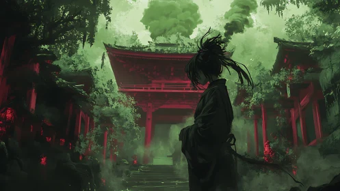 Shadowed ronin before a crimson shrine in toxic mist.