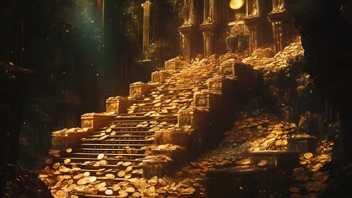 Golden treasure steps ascend toward ornate throne hall.