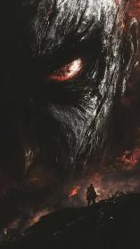 Colossal flaming visage looming over lone warrior silhouette.