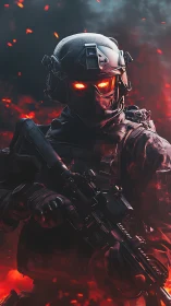 Armored futuristic soldier stands amid burning embers of war