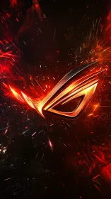 Metallic gaming emblem on dark background with red sparks.