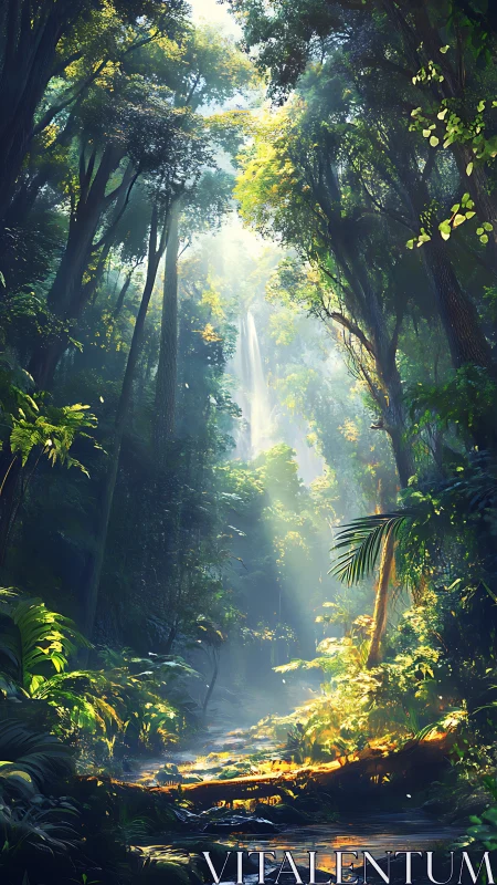 Sunlit rainforest gorge with canopy light beams.