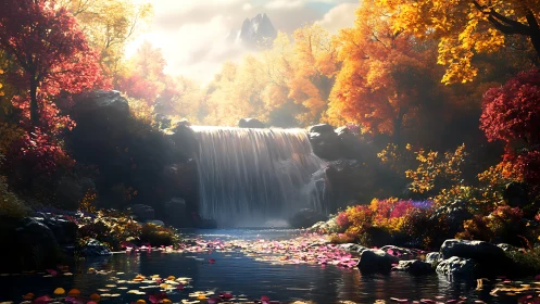 Golden autumn waterfall oasis under gentle morning light.