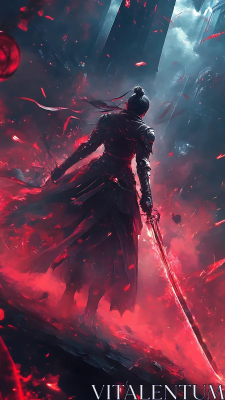 Armored swordsman in red energy field before tall ruins.