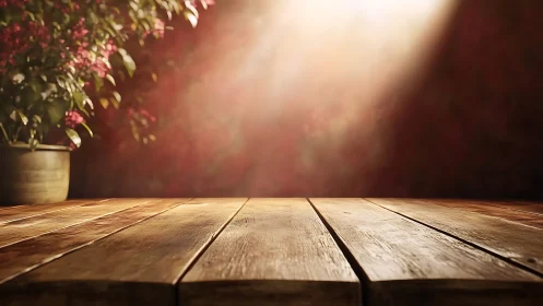 Sunlit wooden table invites quiet moments and gentle blooms