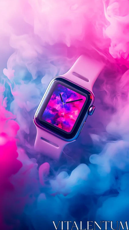 Smartwatch floats inside neon pink and blue vapor cloud.