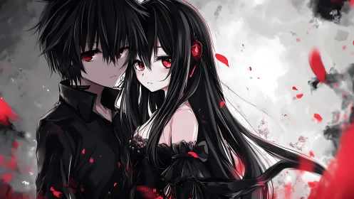 Dark anime couple stands in red and monochrome storm