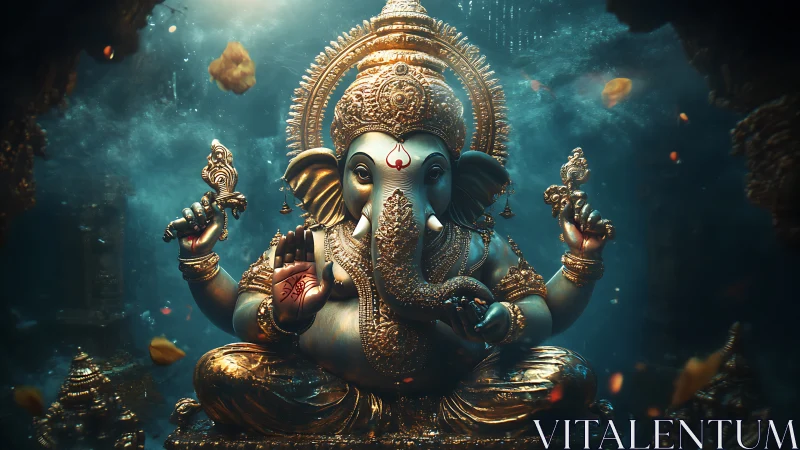 Ornate digital depiction of Lord Ganesha in blue light.