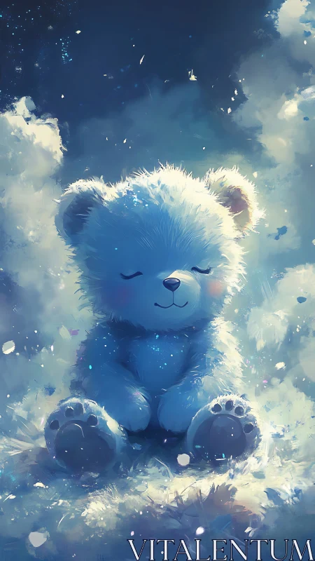 Dreaming blue teddy bear rests within glowing celestial clouds