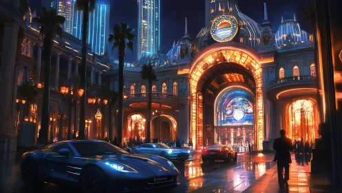 Futuristic luxury casino entrance glows over sleek supercars