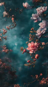 Romantic Botanical Study: Layered Blooms Over Teal Texture.