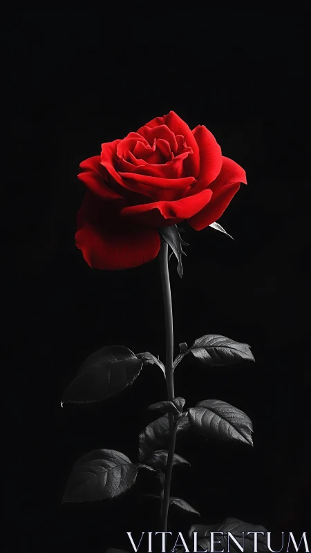Vivid Red Rose Against Black Background with Dramatic Lighting.